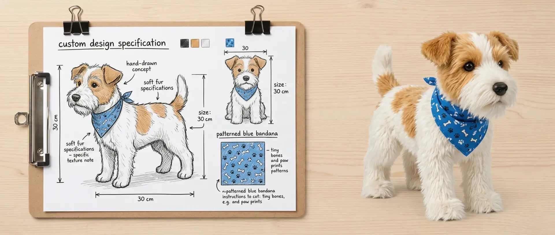 OEM manufacturer turning a pet mascot design sketch into a high-quality custom plush toy